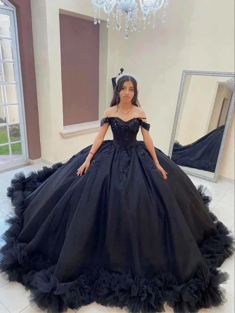 Ball Gown Black Quinceanera Dress Off the Shoulder Wedding Dress Gothic,Y2414 (ZD13631) - VelvetHem