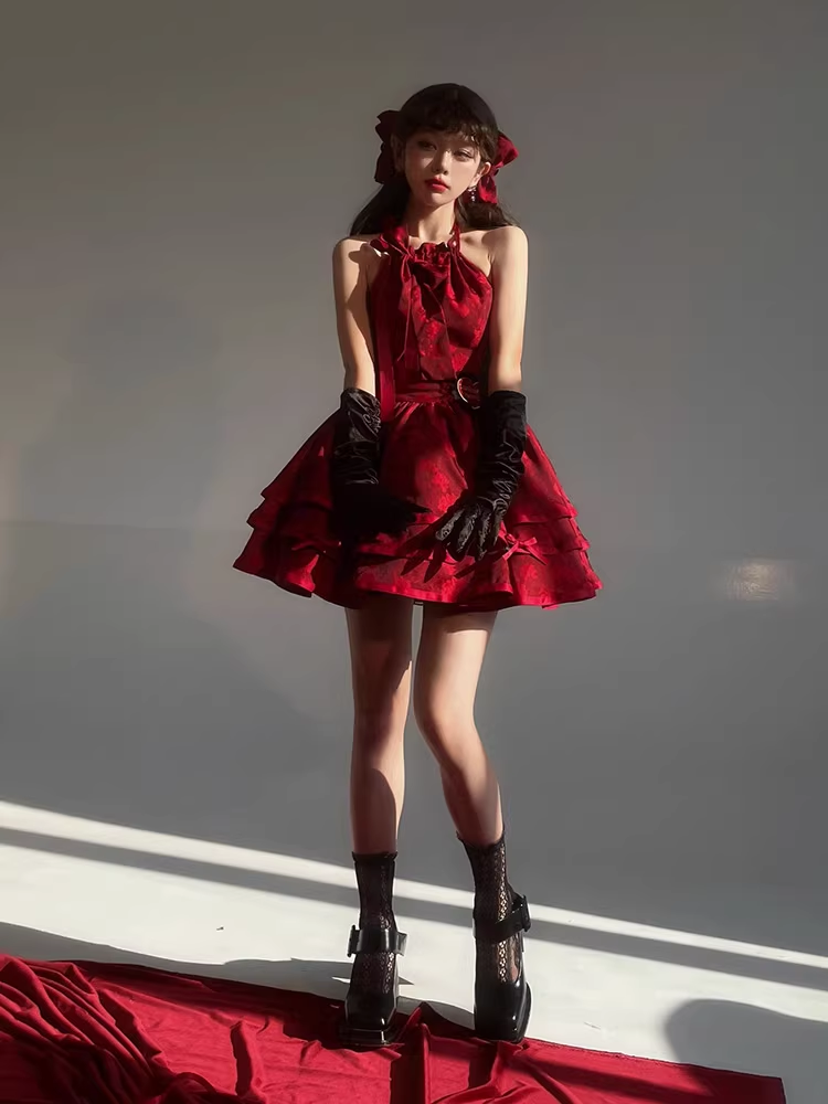 Cute Ball Gown Halter Burgundy Lace Short Cocktail Dresses Birthday Outfits - VelvetHem
