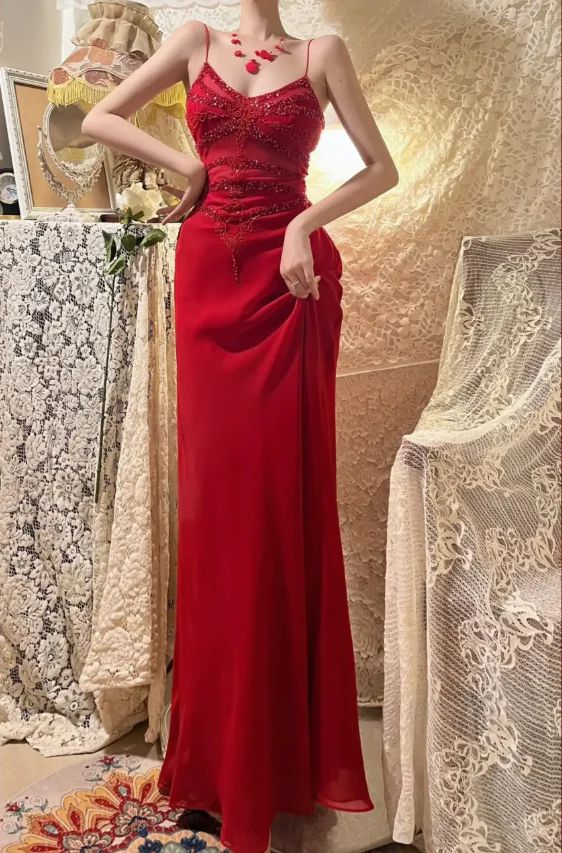 Charming Red Spaghetti Straps Chiffon Sequin Beaded Mermaid Evening Dress Long Wedding Guesrt Dress