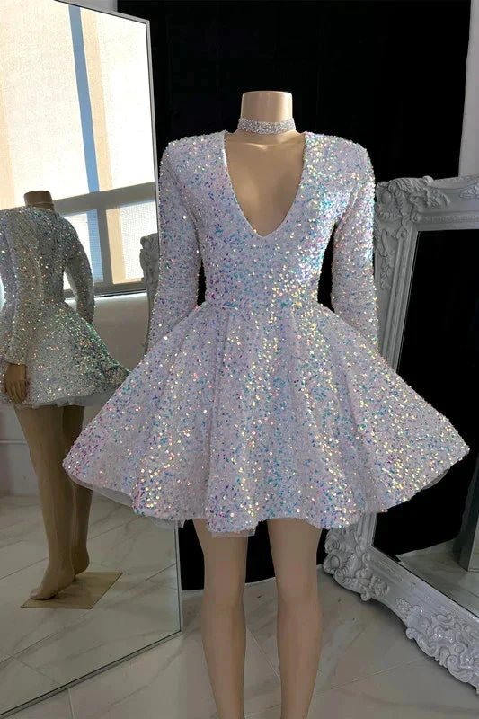 Sparkling V-neck A-line Graduation Dress With Sequins White Short Homecoming Dress Y1951 by simplepromdress