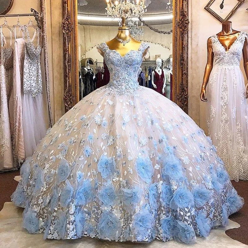 3D Flowers Sequined Quinceanera Dresses Sweet 16 Dress Light Sky Blue Flowers Ball Gown - VelvetHem