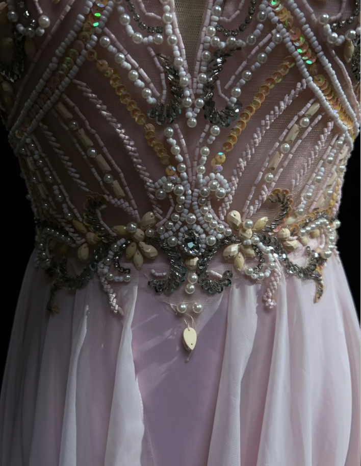 Classy Halter Chiffon Beaded Mermaid Formal Wedding Guest Dress Pink Long Evening Dress Party Dress - View 4 | VelvetHem