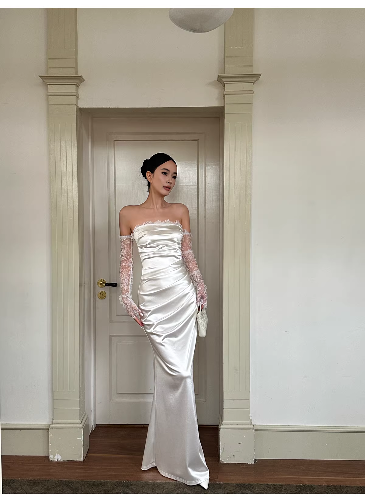 Classy White Off The Shoulder Satin Lace Mermaid Long Wedding Guest Dress Formal Evening Dress Prom Gown - View 7 | VelvetHem
