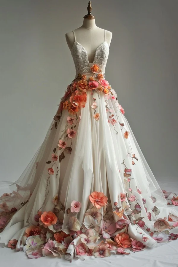 Ivory A-Line Tulle Appliques Wedding Dress, Elegant Lace Spaghetti Strap Prom Dress - VelvetHem