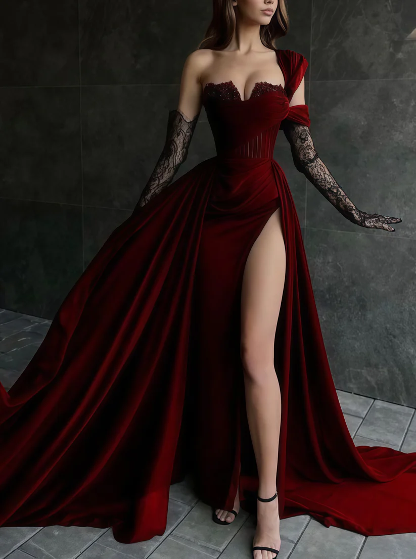 Sexy Burgundy Velvet Split Evening Prom Dress,Slit Party Dress With Gloves - VelvetHem