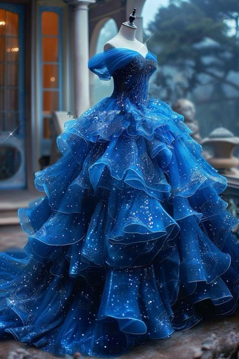 Glitter Blue Off The Shoulder Tulle Sequins Multi-Layered Prom Dress,A Line Ball Gown - VelvetHem