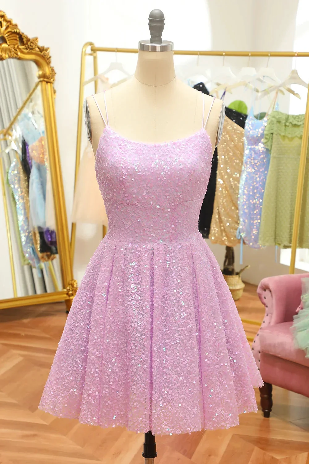 Lilac Sequins A-Line Lace-Up Homecoming Dress (ZD11738) - VelvetHem