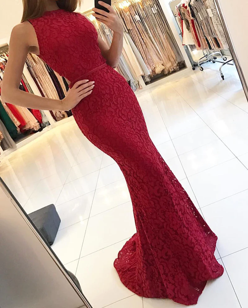 Elegant Burgundy Mermaid Lace Evening Dresses Y771 - VelvetHem