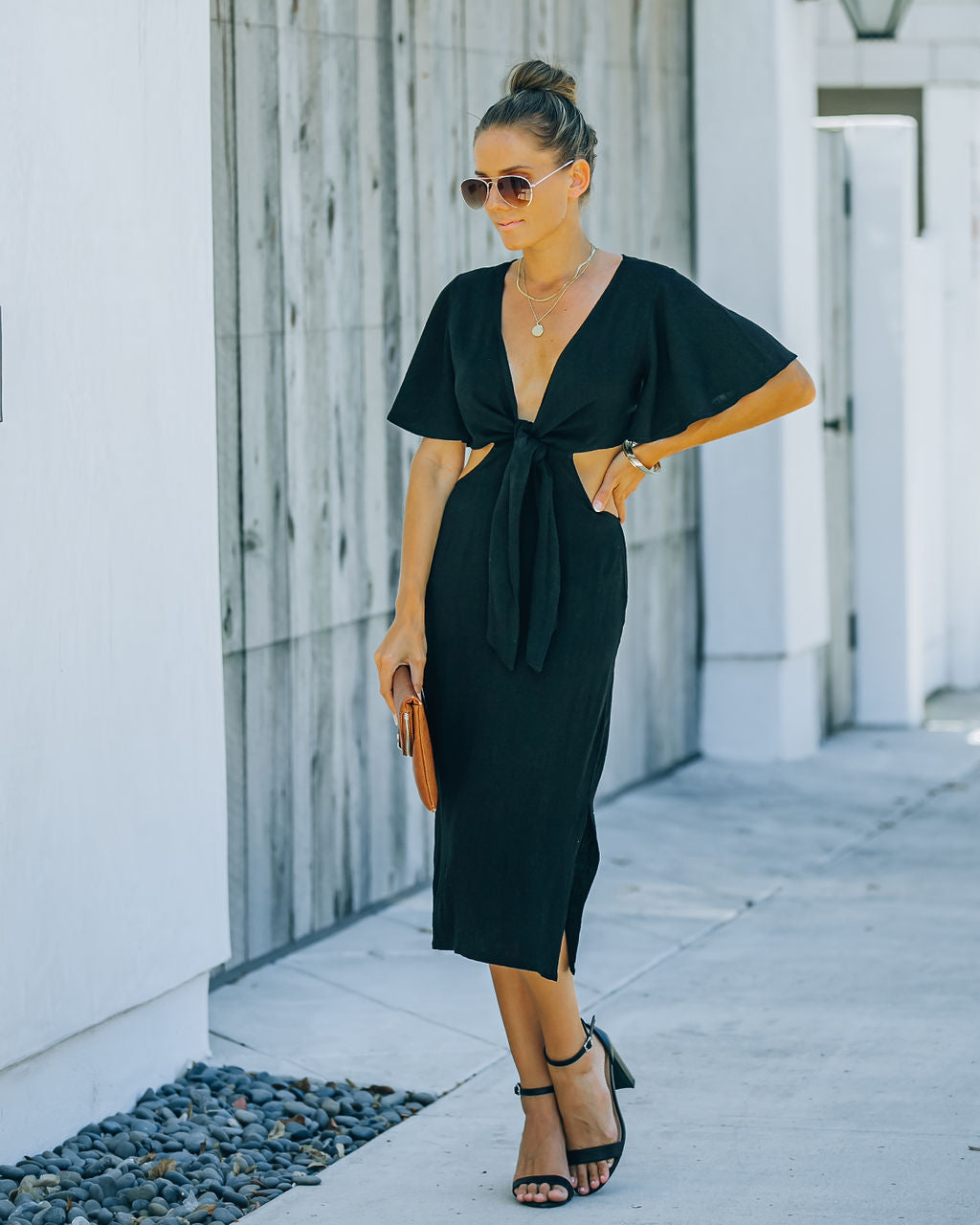 Jenner Linen Blend Tie Front Cutout Midi Dress Black FINAL