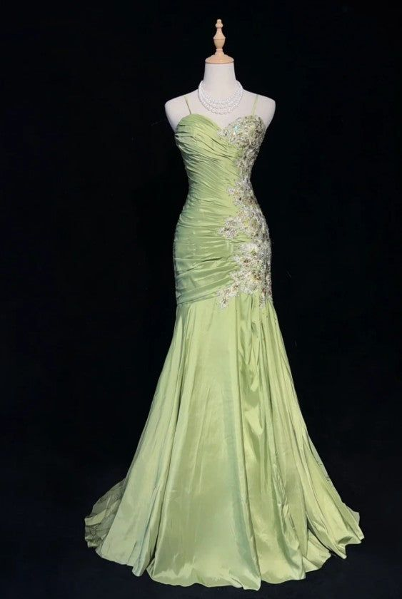 Vintage Green Mermaid Satin Beaded Sequin Evening Dress Spaghetti Strap Long Prom Dress Y8556 - VelvetHem