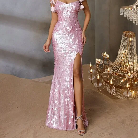 Sparkly Spaghetti Straps Pink Sequin Mermaid Slit Evening Dress Long Birthday Party Dress - View 7 | VelvetHem