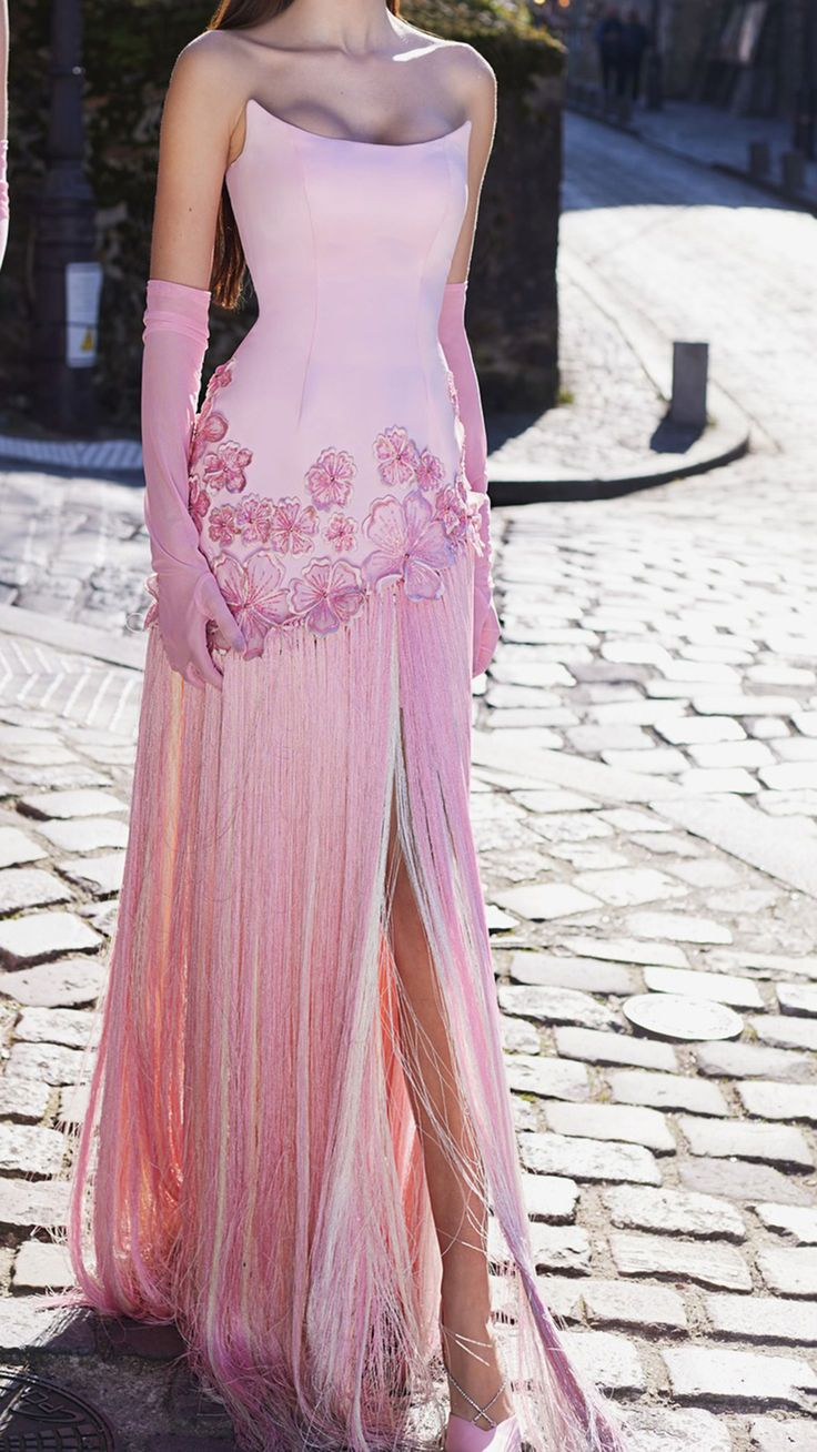 Pretty Pink Strapless Chiffon Appliques Tassel Long Prom Dress Party Dress With Gloves - View 2 | VelvetHem