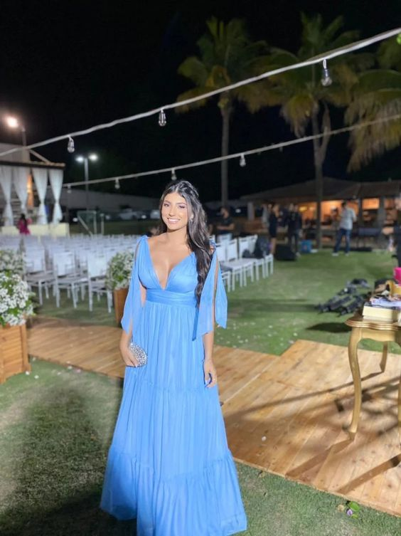 Deep V Neck Blue A-line Evening Dress,Blue Wedding Guest Outfit - VelvetHem