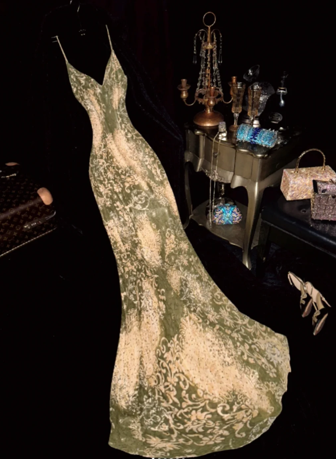 Vintage Spaghetti Straps Green Chiffon Print Floral Beaded Mermaid Evening Dress Long Party Dress - VelvetHem
