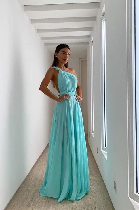 Simple Blue Chiffon One Shoulder Long Prom Dress - VelvetHem