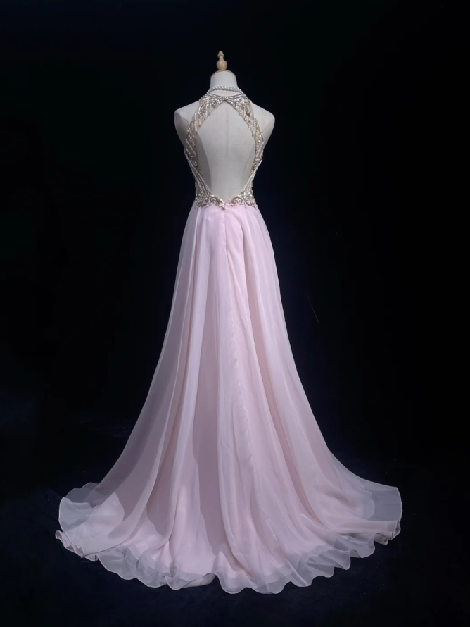Classy Halter Chiffon Beaded Mermaid Formal Wedding Guest Dress Pink Long Evening Dress Party Dress - View 5 | VelvetHem