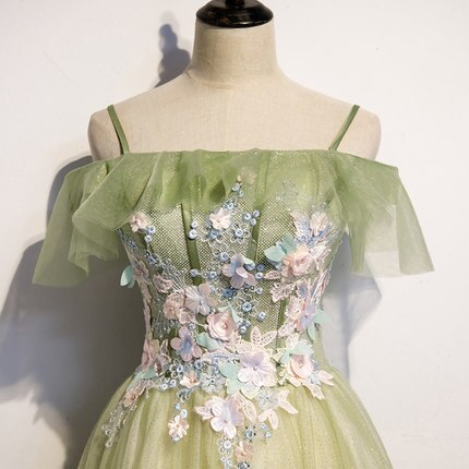 Light Green Pleated Floral Embroidery Long Prom Dress Medieval Renaissance Gown cc23 - View 4 | VelvetHem