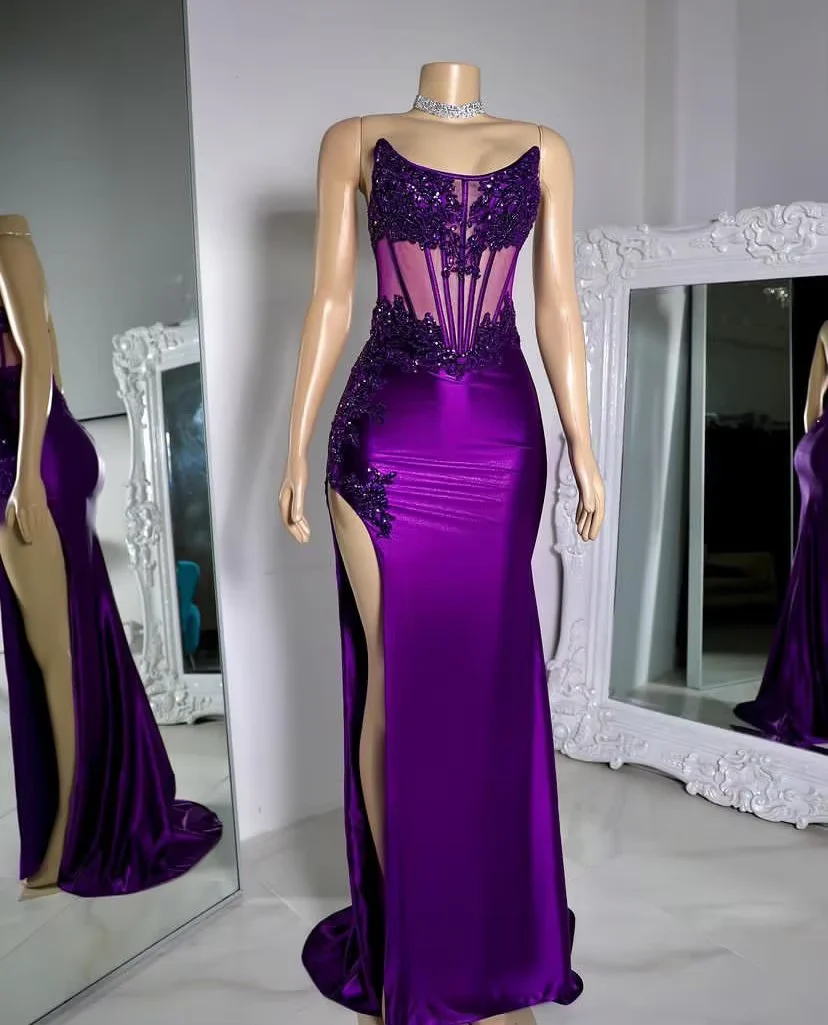 Luxury Purple Satin Lace Appliques Evening Dress,Mermaid Slit Party Prom Dress - VelvetHem