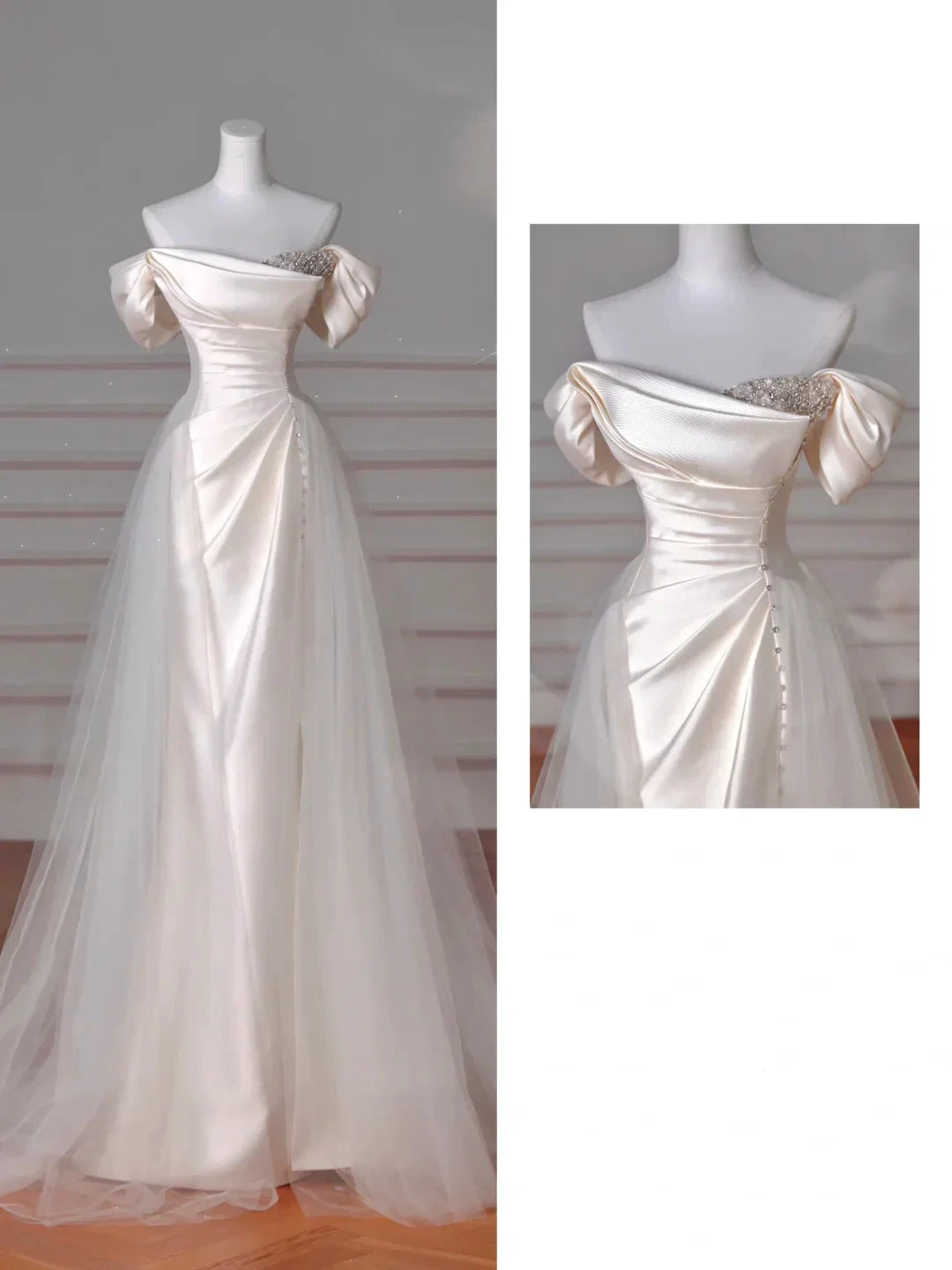 Elegant White off The Shoulder Satin Beaded Mermaid Evening Dress,Formal Prom Dress Wedding Dress (ZD13757) - VelvetHem
