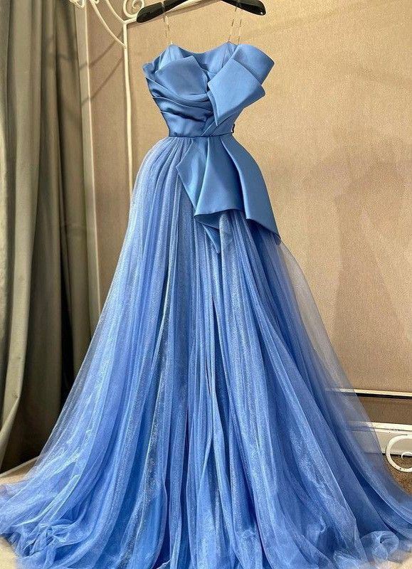 Blue A-line Tulle Evening Dress,Fashion Blue Prom Gown - VelvetHem