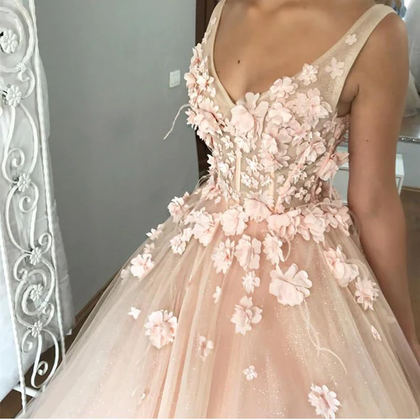 Blush Pink Tulle V Neck Ball Gown Flowers Sweet 16 Dress cc76 - VelvetHem