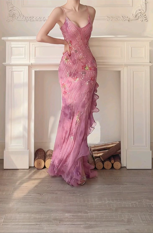 Gorgeous Pink Chiffon Sequins Evening Dress,Spaghetti Straps Prom Dress - VelvetHem