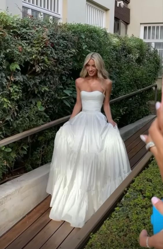 Beautiful White Strapless Wedding Dress A Line Prom Dress - VelvetHem