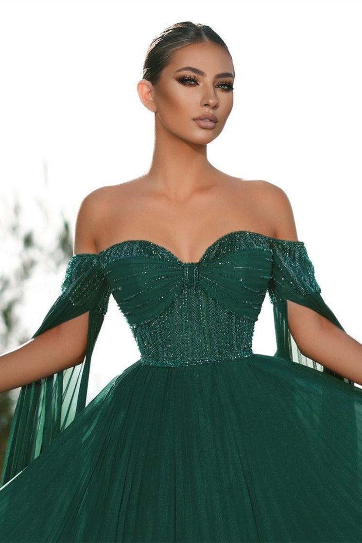 Fabulous Dark Green Off-the-shoulder Sequins Evening Dresses