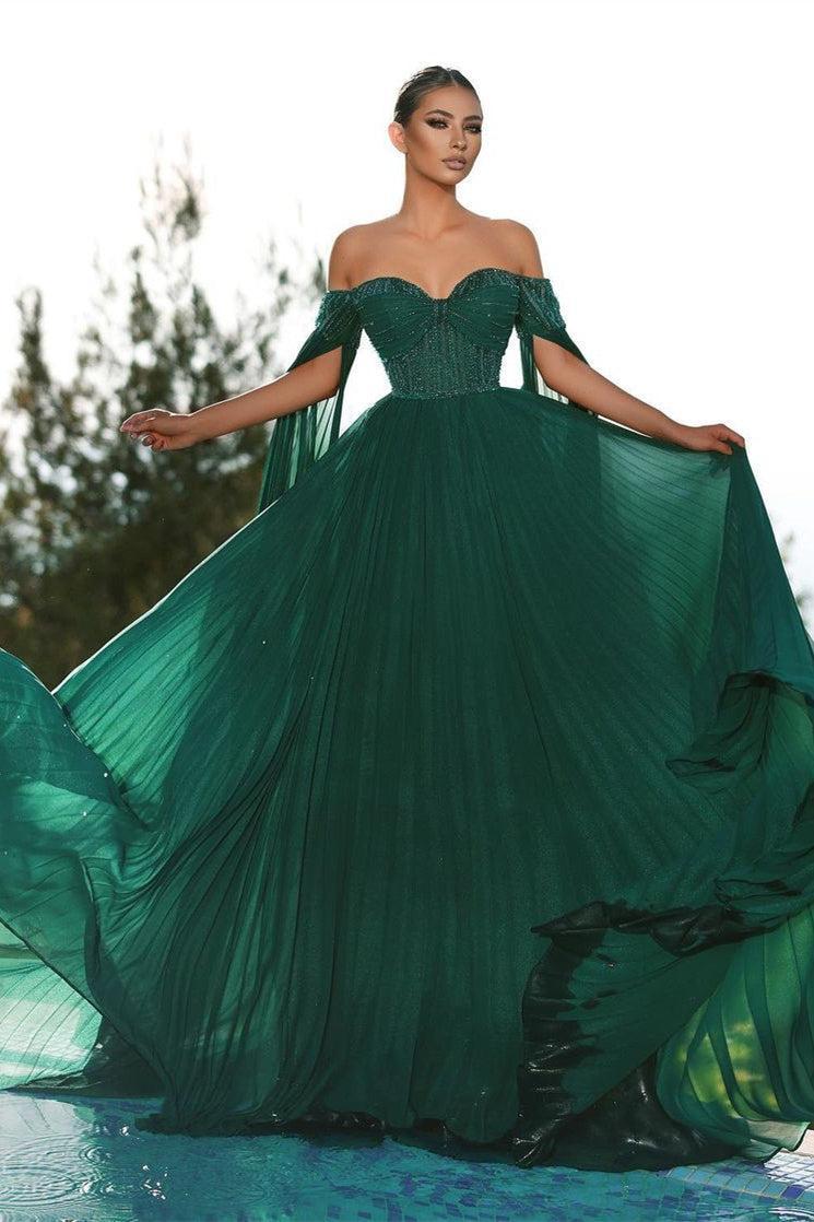 Fabulous Dark Green Off-the-shoulder Sequins Evening Dresses