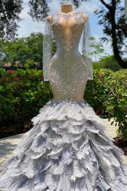 Fabulous Grey Sequined Beading Feather Mermaid Long Sleeves Tulle Prom Dresses