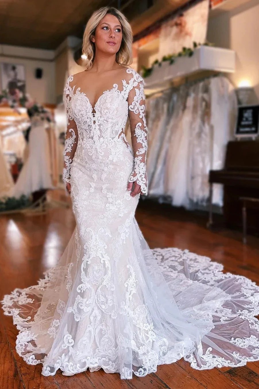 Fabulous Long Mermaid Backless V-neck Lace Wedding Dress With Detachable Train (ZD15692) - VelvetHem