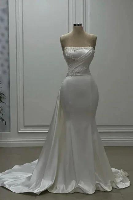 Fabulous Long White Mermaid Sleeveless Strapless Wedding Dress With Pearls (ZD15616)