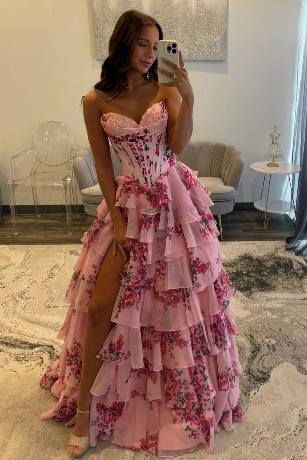 White Blue Prom Dress Flower Tiered Sweetheart Corset Long Formal Dress