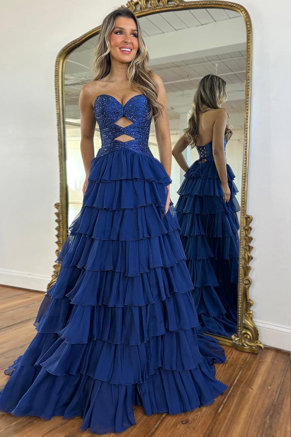Suzhoufashion Fairytale Prom Dress With Glitter Bodice Layered Ruffle Skirt And Lace-Up Back Formal Evening Gown