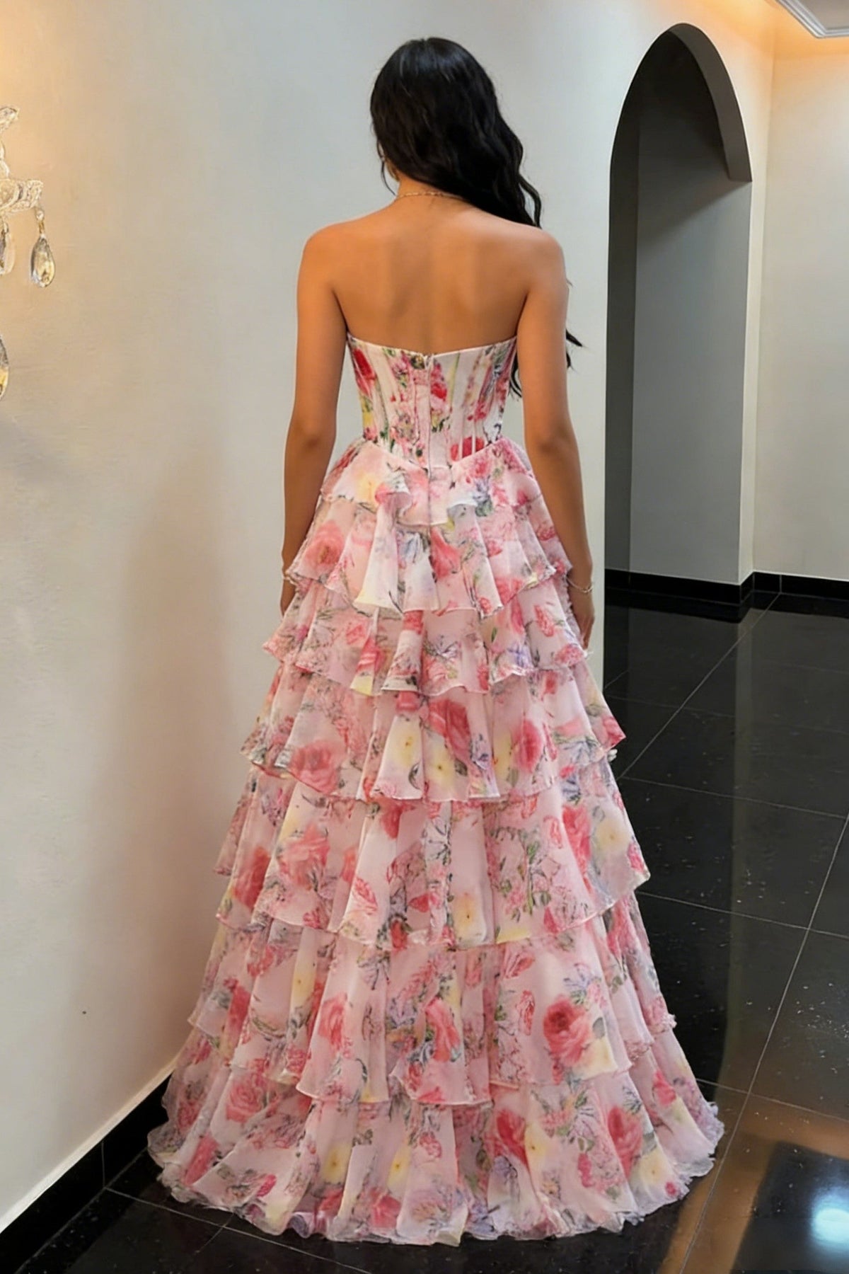 Princess A Line Strapless Pink Floral Prom Dress with Corset Bodice and Ruffle Skirt