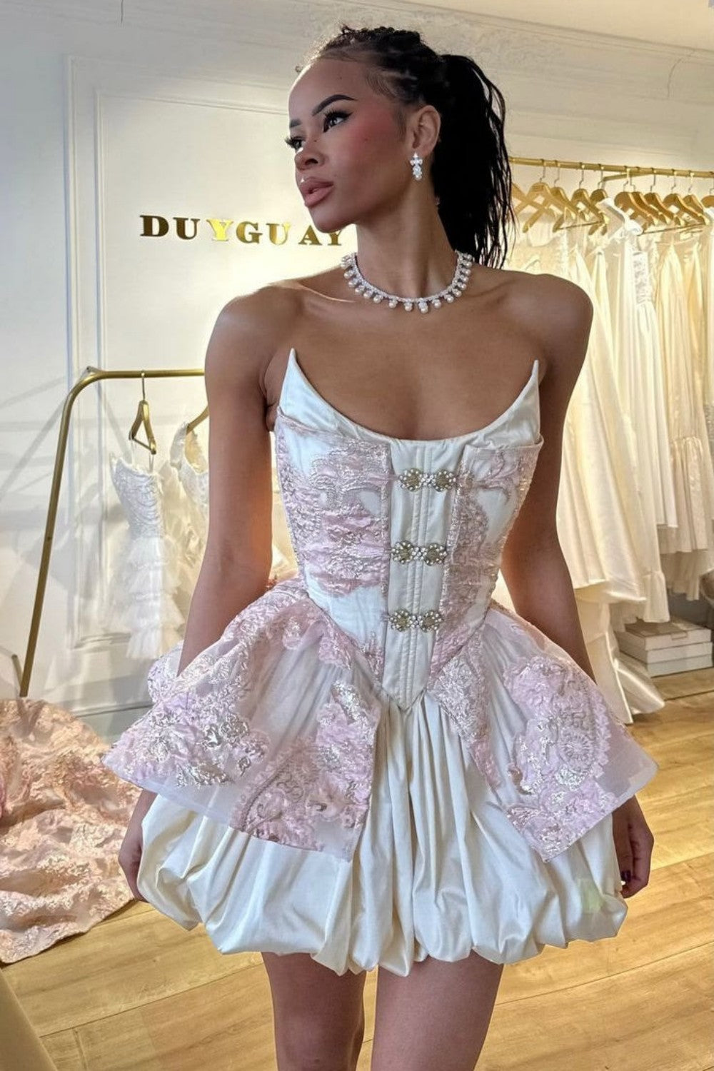 Fairytale Pink Satin Corset Homecoming Dress with Embroidered Lace and Puff Hem