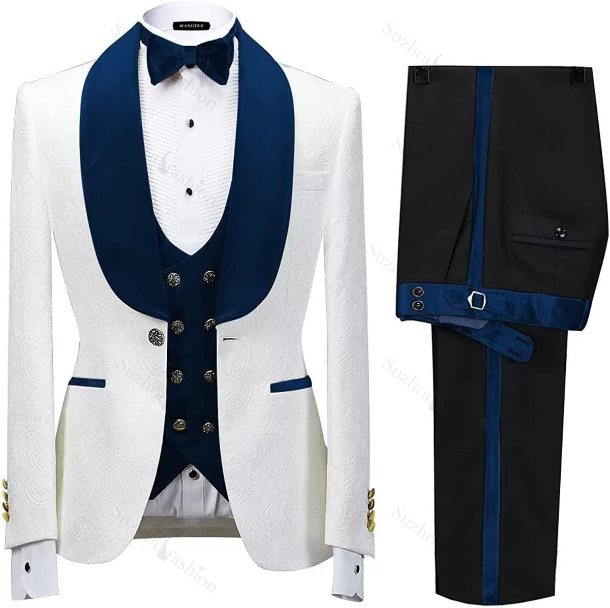 Fancy Navy Blue Shawl Lapel 3 Piece Jacquard Wedding Suit