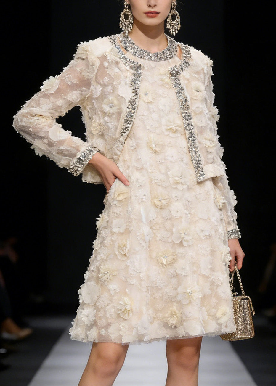 Fashion Apricot Floral Coat And Dress Tulle Two Piece Suit Set Spring