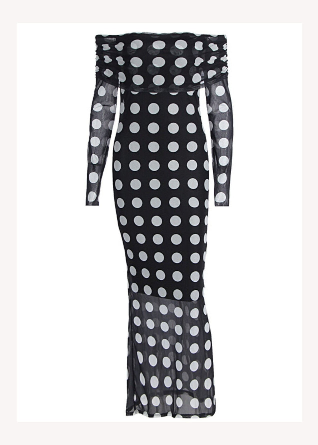 Fashion Black Cold Shoulder Dot Print Slim Tulle Dresses Spring