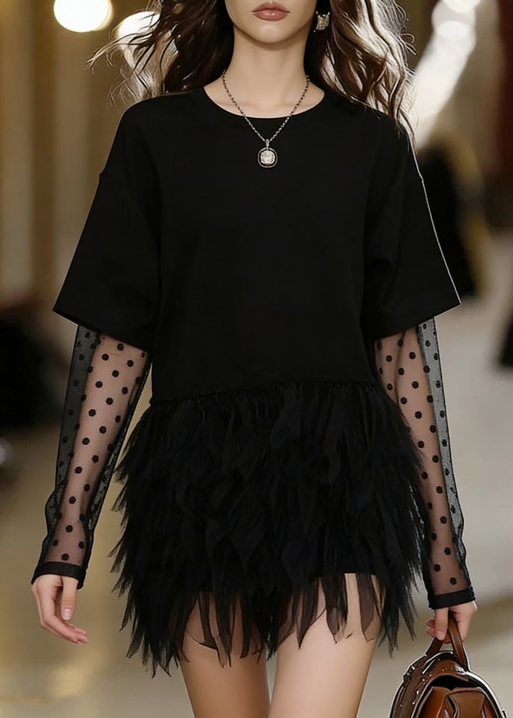 Fashion Black Oversized Patchwork Tulle Mini Dress Summer