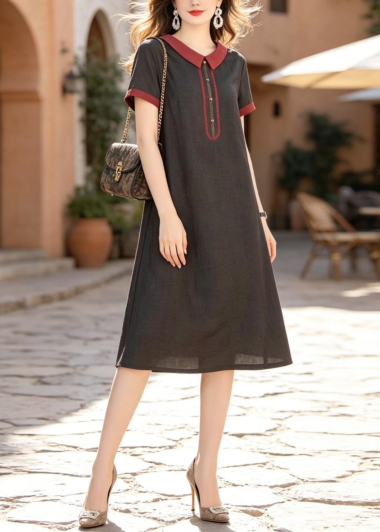 Fashion Black Peter Pan Collar Pockets Silk Dress Summer