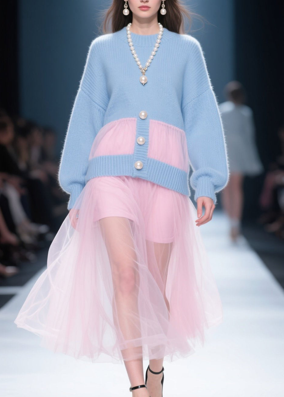 Fashion Blue O Neck Tulle Patchwork Knit Dress Fall