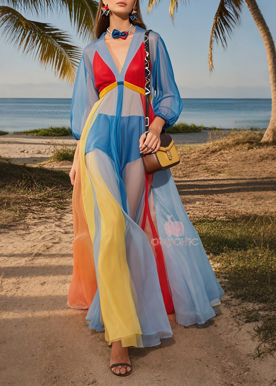 Fashion Blue V Neck Patchwork Tulle Maxi Dresses Summer