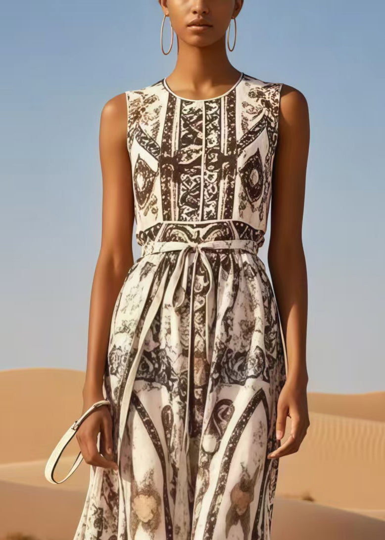 Fashion Brown Tie Waist Print Cotton Long Dress Summer