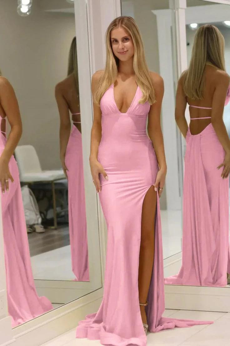 Suzhoufashion Fashion Forward Deep V-Neck Mermaid Style With Flowing Satin And Slit Prom Dress Formal Evening Gown
