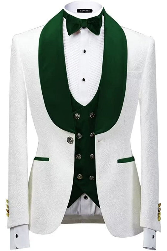 Fashion Green Shawl Lapel 3 Piece Jacquard Wedding Suit
