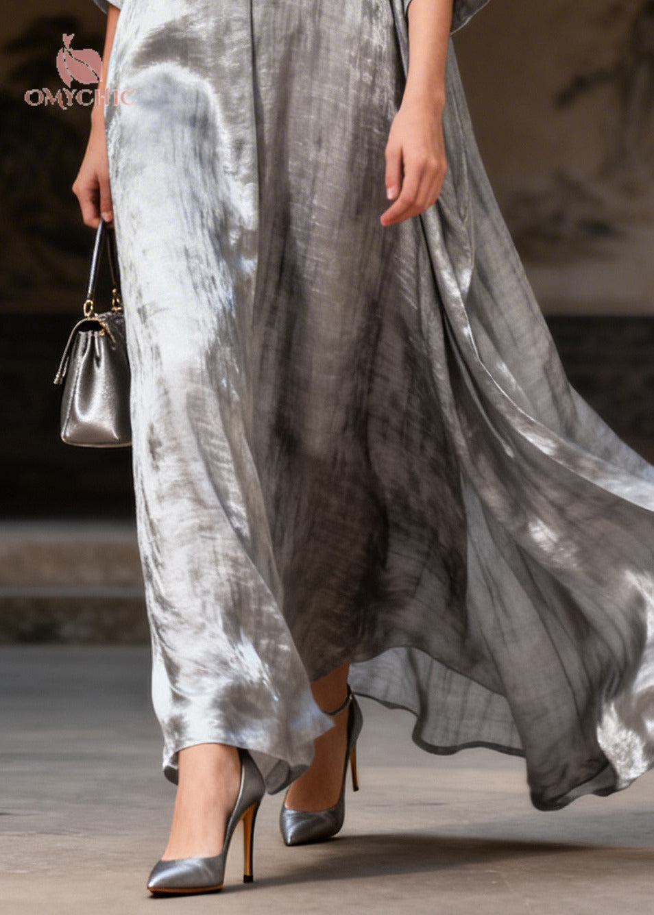 Fashion Grey Exra Large Hem Chinese Button Silk Maxi Dresses Summer