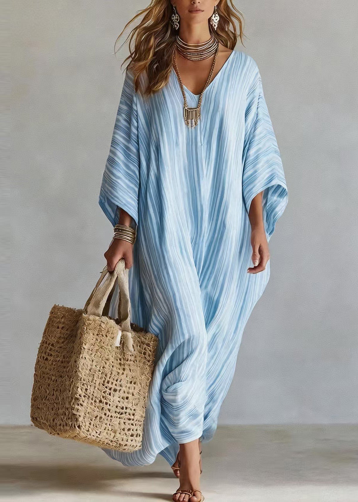 Fashion Pink V Neck Striped Cotton Long Dress Summer