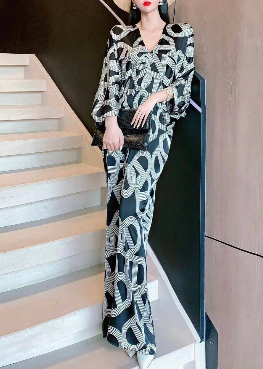 Fashion Print Long Dress V Neck Three Quarter Sleeve