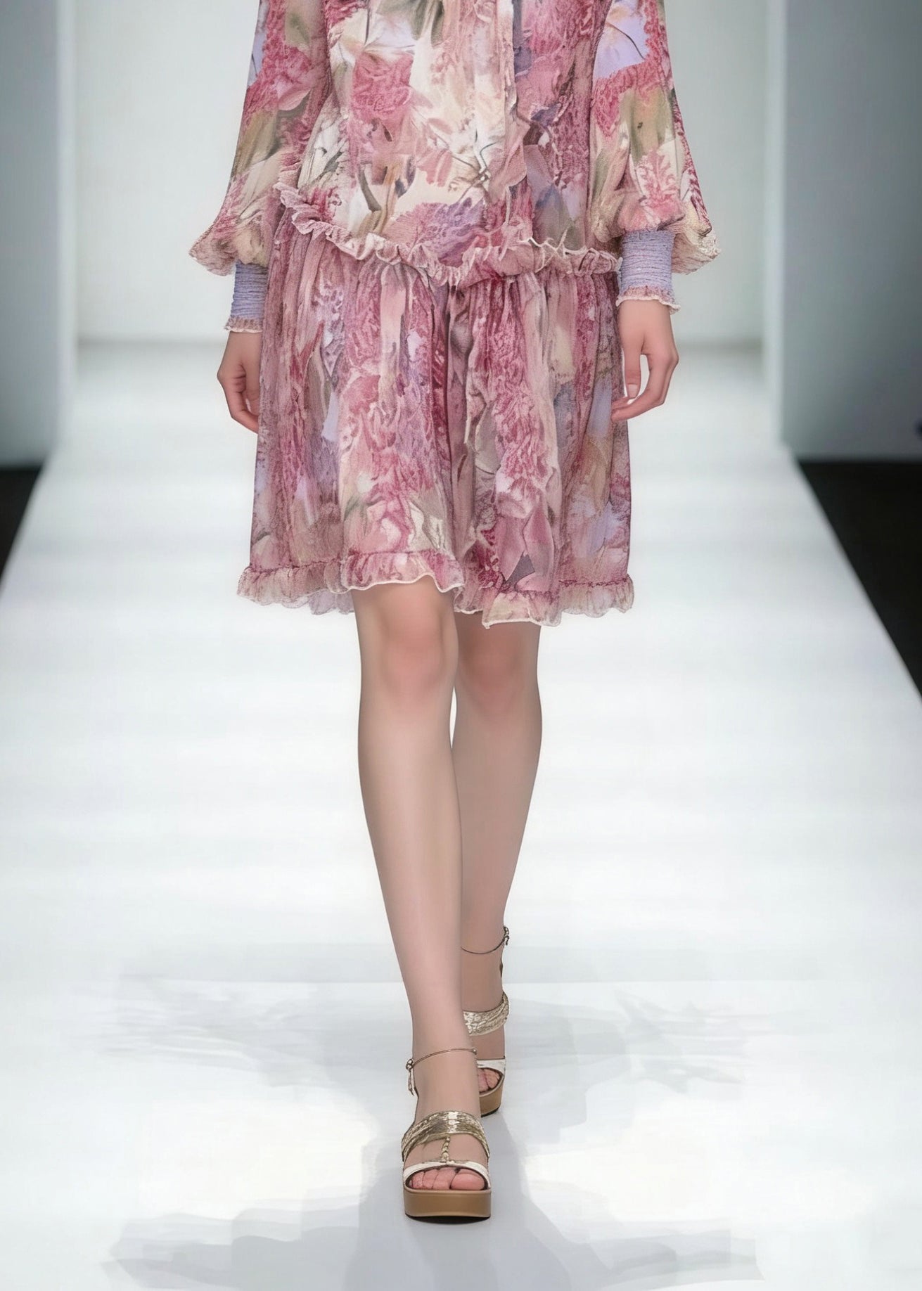 Fashion Red Stand Collar Ruffled Print Chiffon Dress Long Sleeve